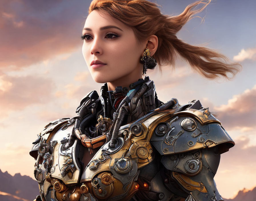Woman in futuristic armor with flowing hair under twilight sky.