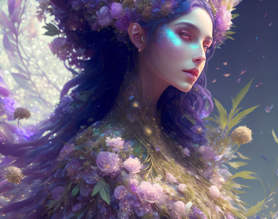 Portrait of a woman with floral embellishments and ethereal complexion on soft purple backdrop