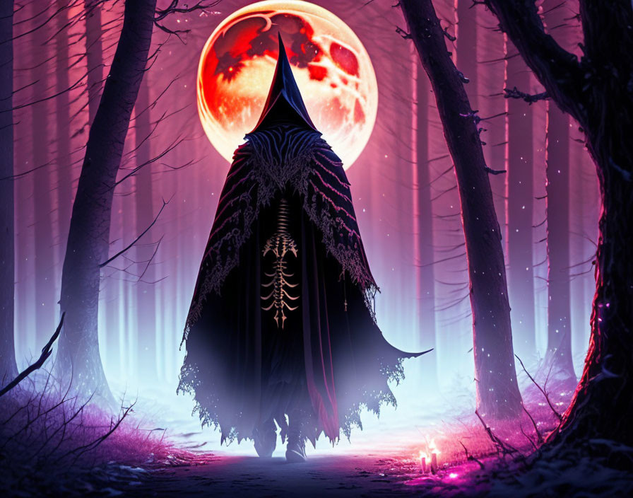Cloaked figure in purple-lit forest with spine design facing red moon