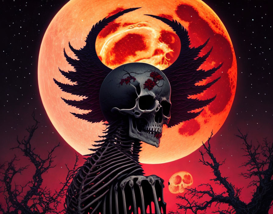 Skeletal figure with wings under blood-red moon in dark landscape