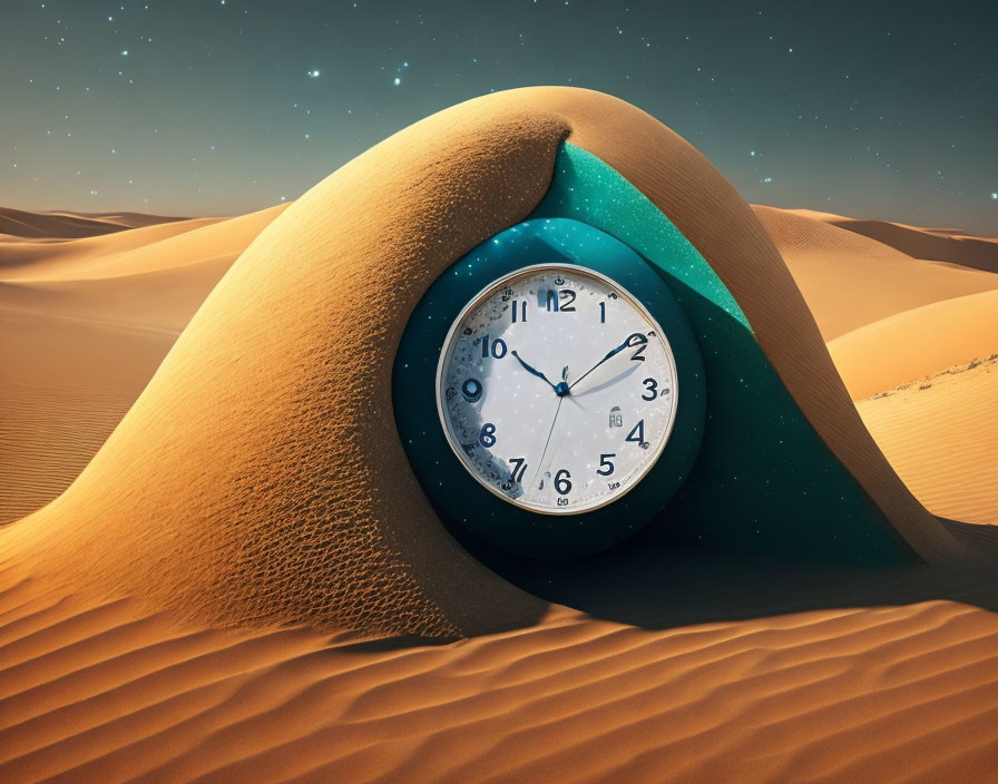 Desert landscape with giant pocket watch in sand under starlit sky