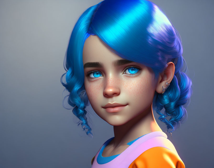 Vibrant digital portrait of young girl with blue hair and freckles