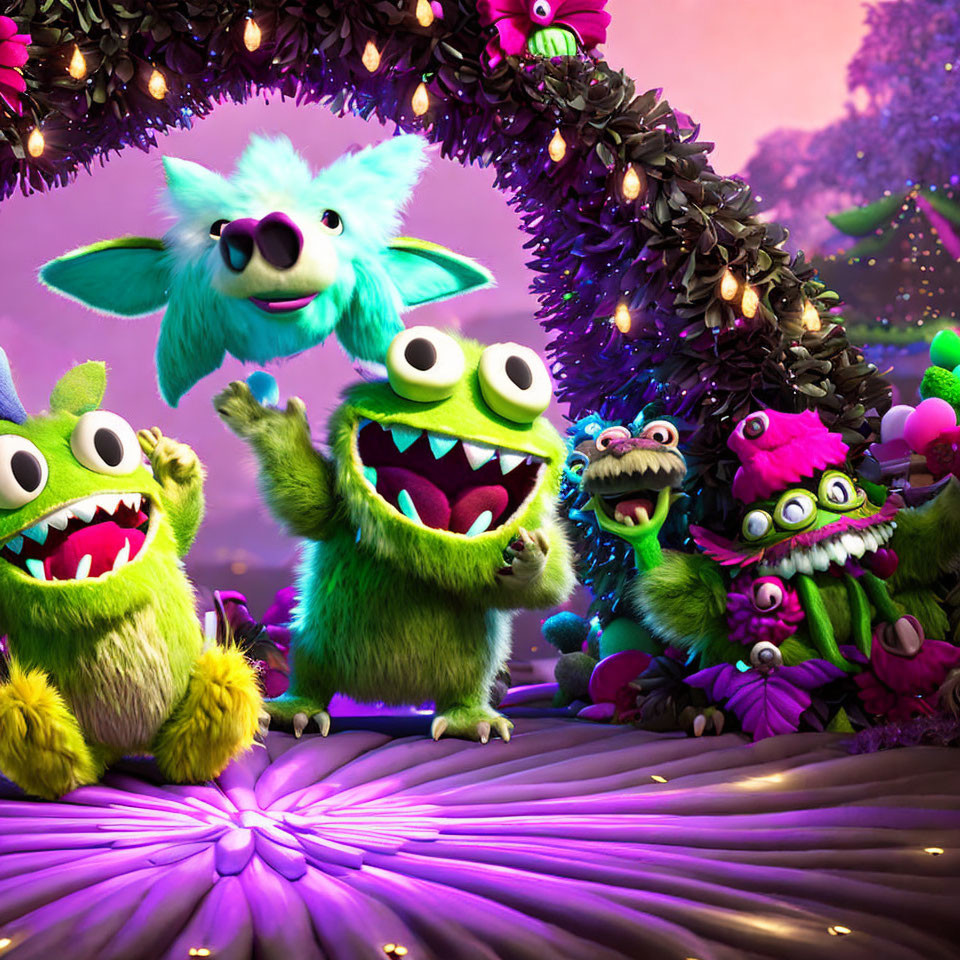 Vibrant animated monsters singing and dancing in whimsical setting