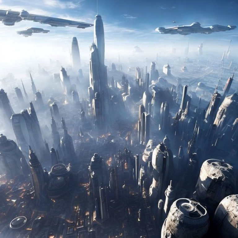 Futuristic cityscape with skyscrapers, flying vehicles, and hazy sunlight