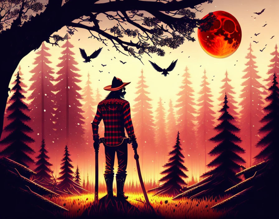 Person in Plaid Shirt and Hat with Shovel in Forest Silhouette