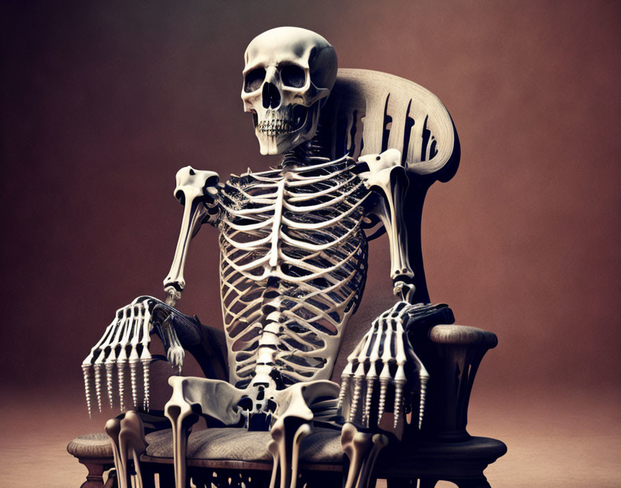 Relaxed human skeleton sitting in wooden chair with sepia-tone backdrop