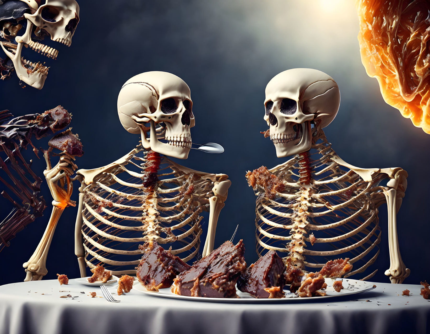 Skeletons dining at a table with fiery backdrop