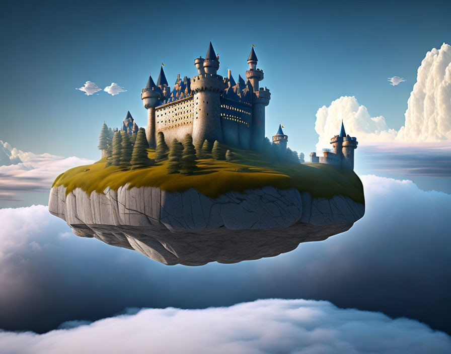 Fantastical castle on floating island with green fields under blue sky