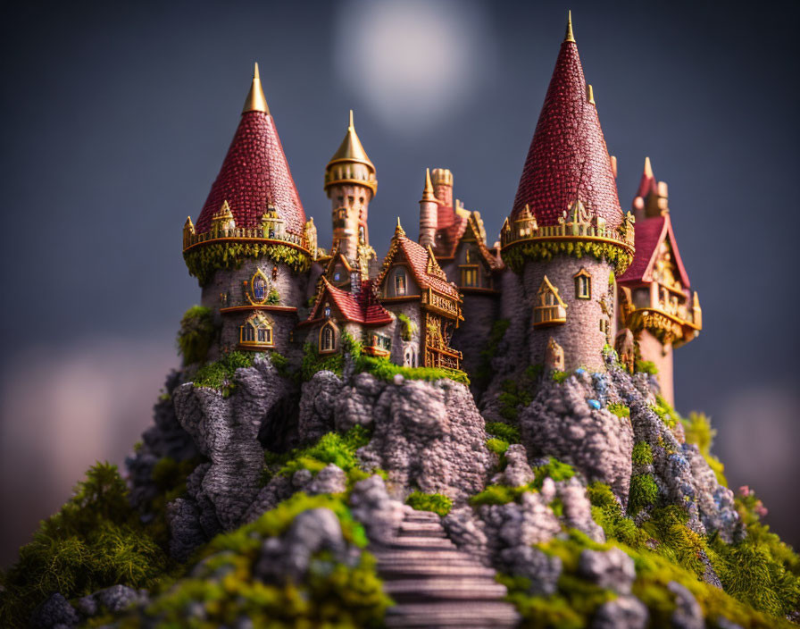 Miniature fairy-tale castle on rocky hill with red roofs in misty setting