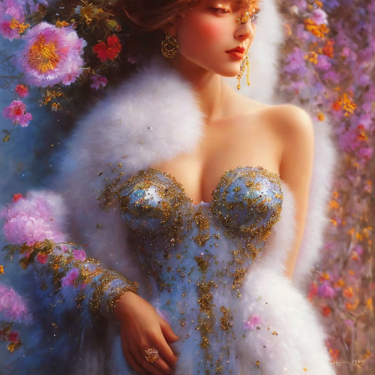 Elegant Lady in Blue Dress with Gold Glitters and White Fur Cape