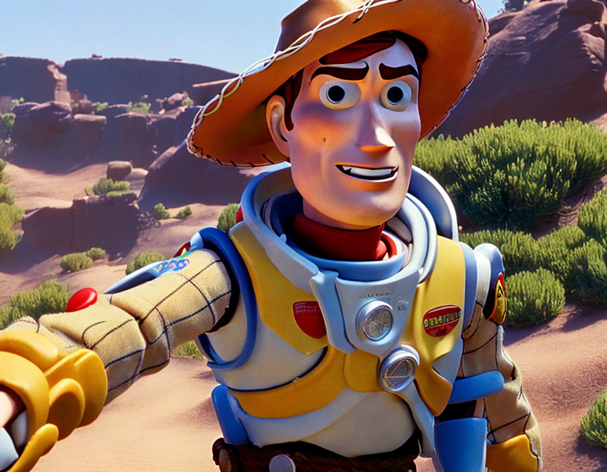 Smiling cowboy toy shaking hands with space ranger toy in desert landscape