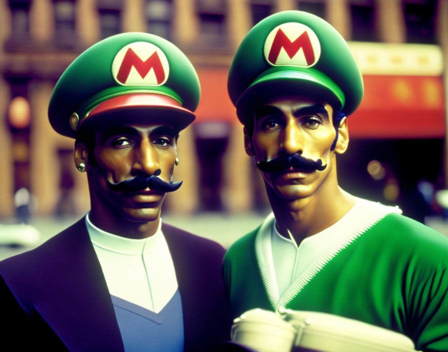 Two individuals in Mario costumes against city backdrop.