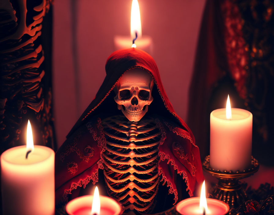 Skeleton in Red and Black Cloak with Lit Candles