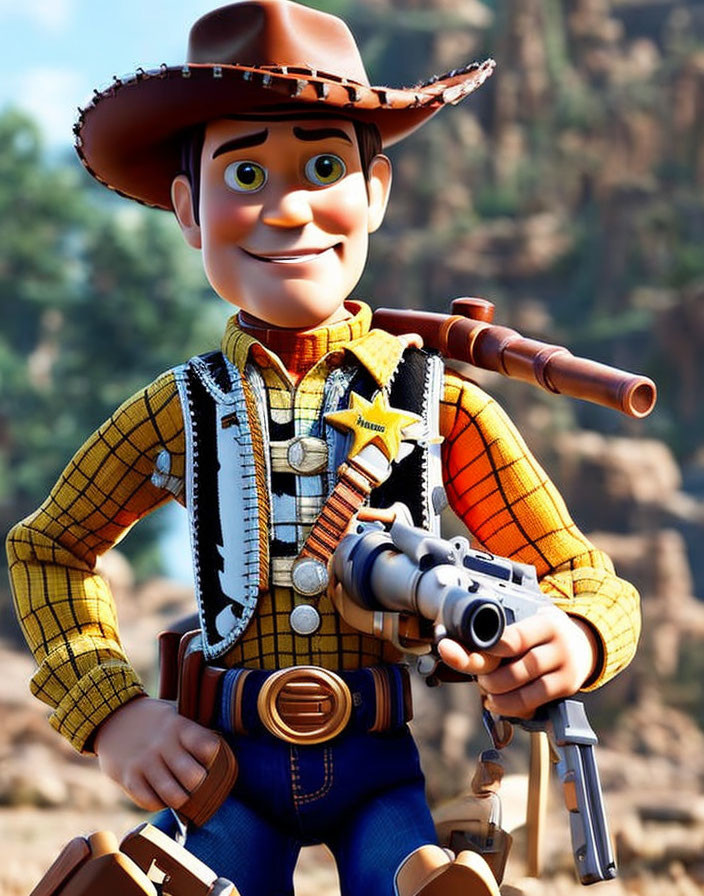 Smiling Animated Cowboy Character with Toy Gun and Sheriff Badge