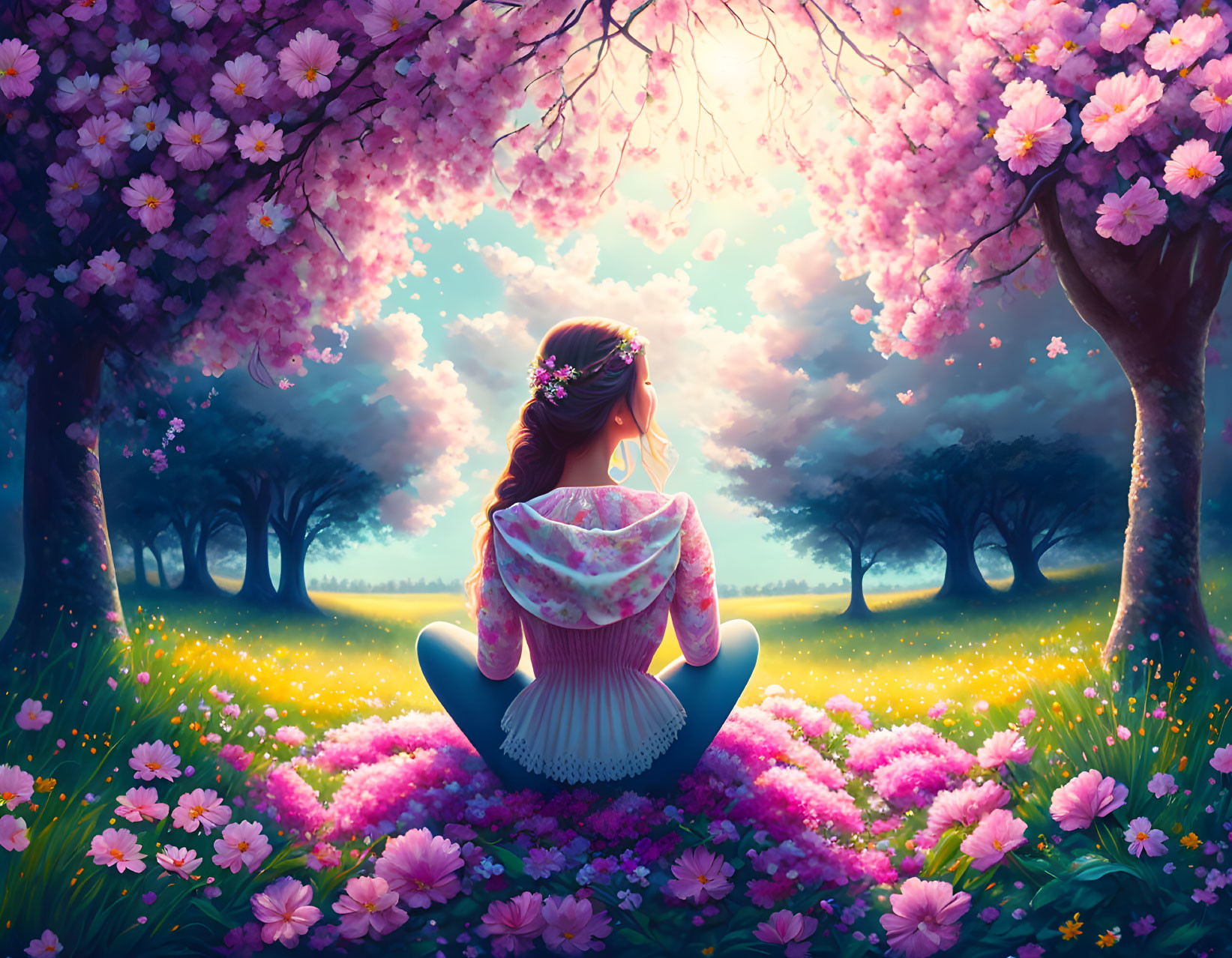 Woman sitting in vibrant field looking at pink flowering forest under dreamy sky