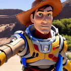 Smiling cowboy toy shaking hands with space ranger toy in desert landscape