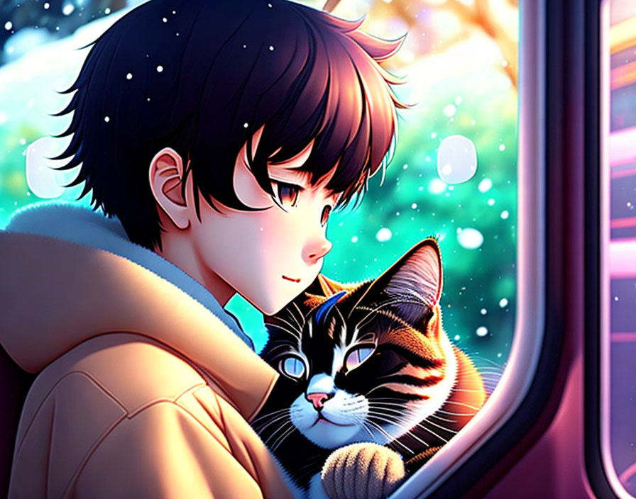 Digital illustration of person with short hair holding a cat by window in snowfall