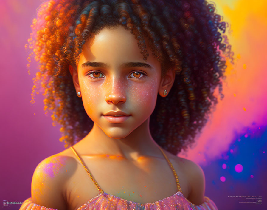 Vibrant digital portrait of young girl with curly hair and green eyes