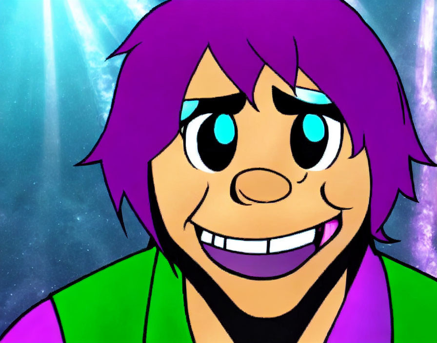 Purple-haired animated character in green jacket smiles against cosmic backdrop