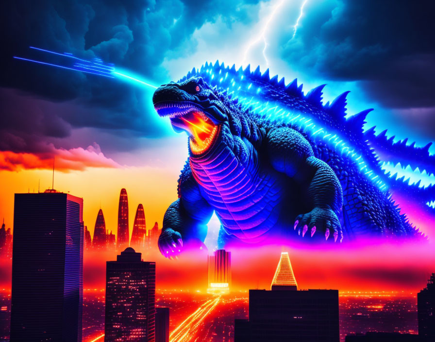 Vibrant artwork of Godzilla with blue spikes in neon-lit cityscape