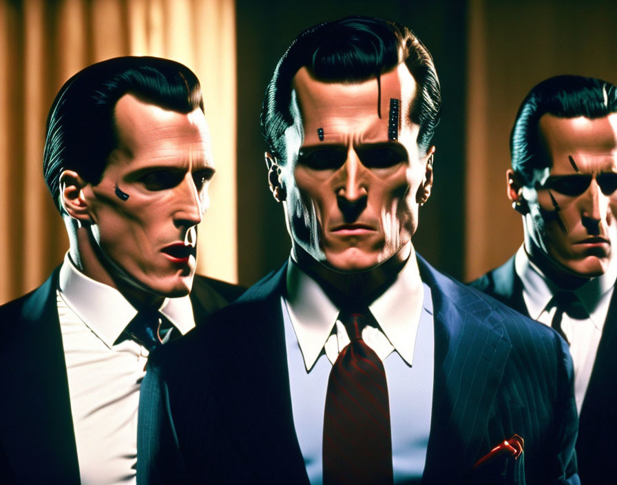 Stylized male figures in suits with robotic features on amber background