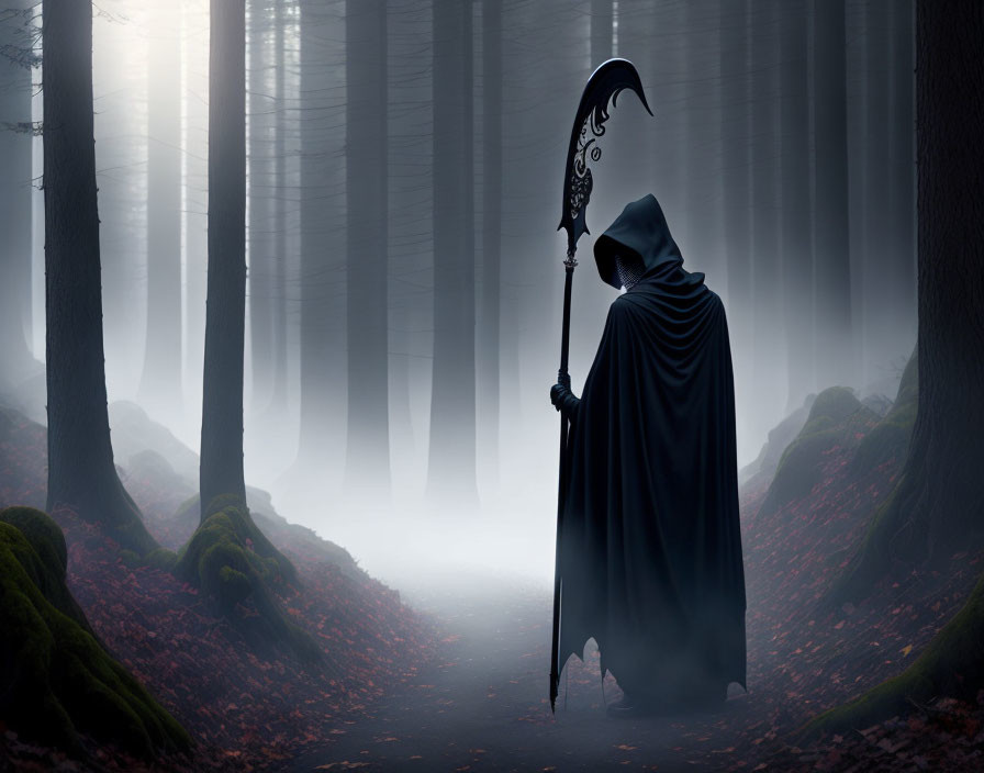 Mysterious figure in foggy forest with scythe and eerie light