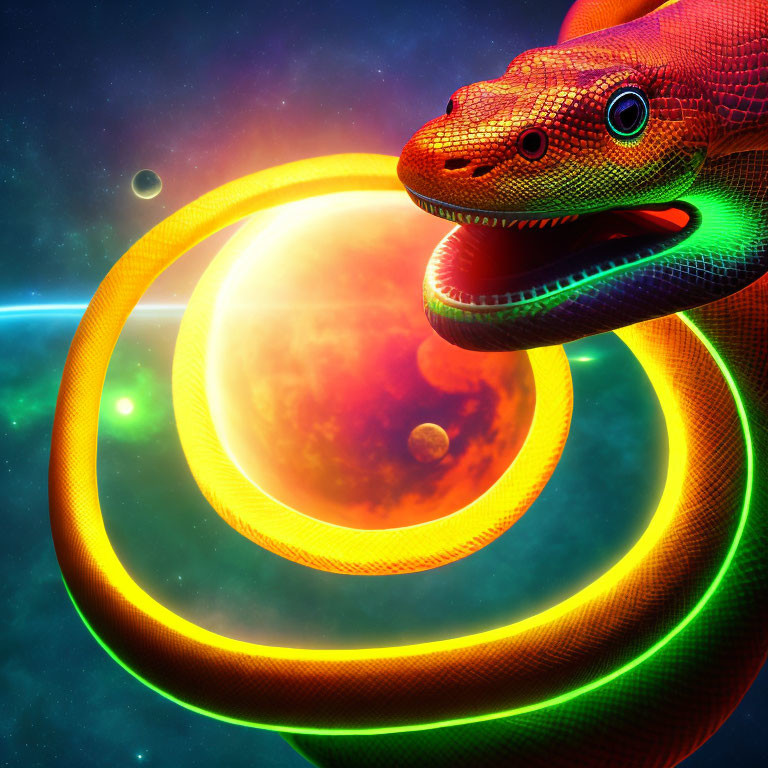 Colorful digital artwork: Coiled snake in space with neon colors and fiery planet.