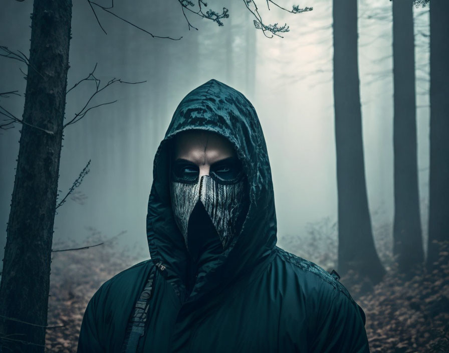 Mysterious figure in hooded jacket and mask in foggy forest