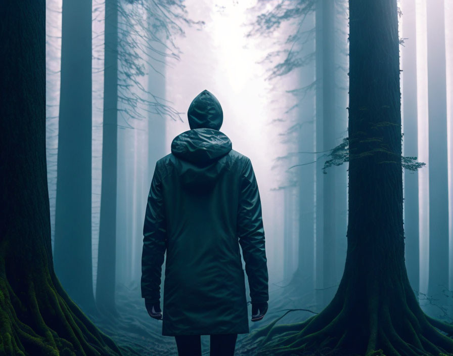 Hooded figure in misty forest with tall trees