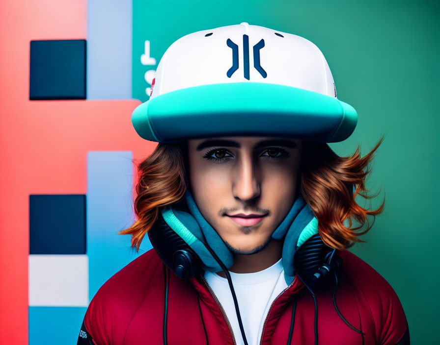 Young person with cap and headphones on colorful geometric background