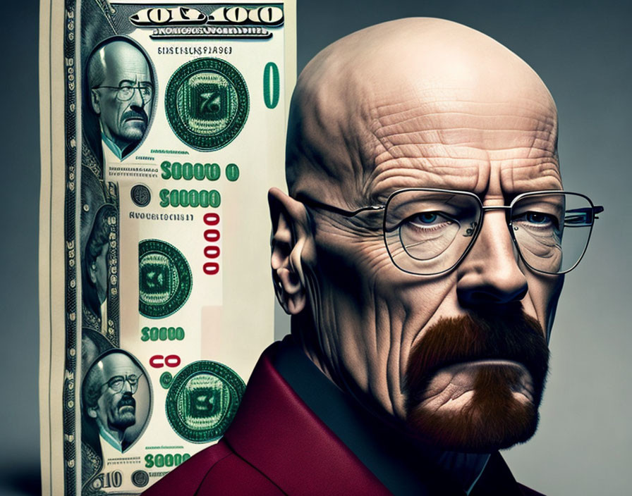 Bald Man with Glasses and Goatee in Red Outfit with $100 Bill Design