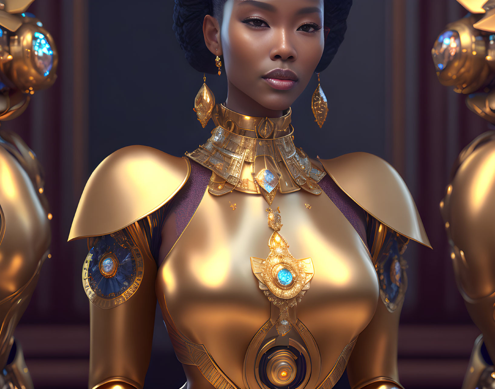 Digital Art: Woman in Golden Mechanical Suit with Gemstones
