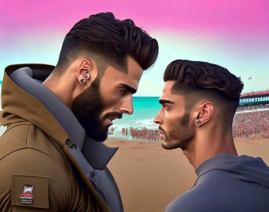 Stylish animated men on beach with crowd in background