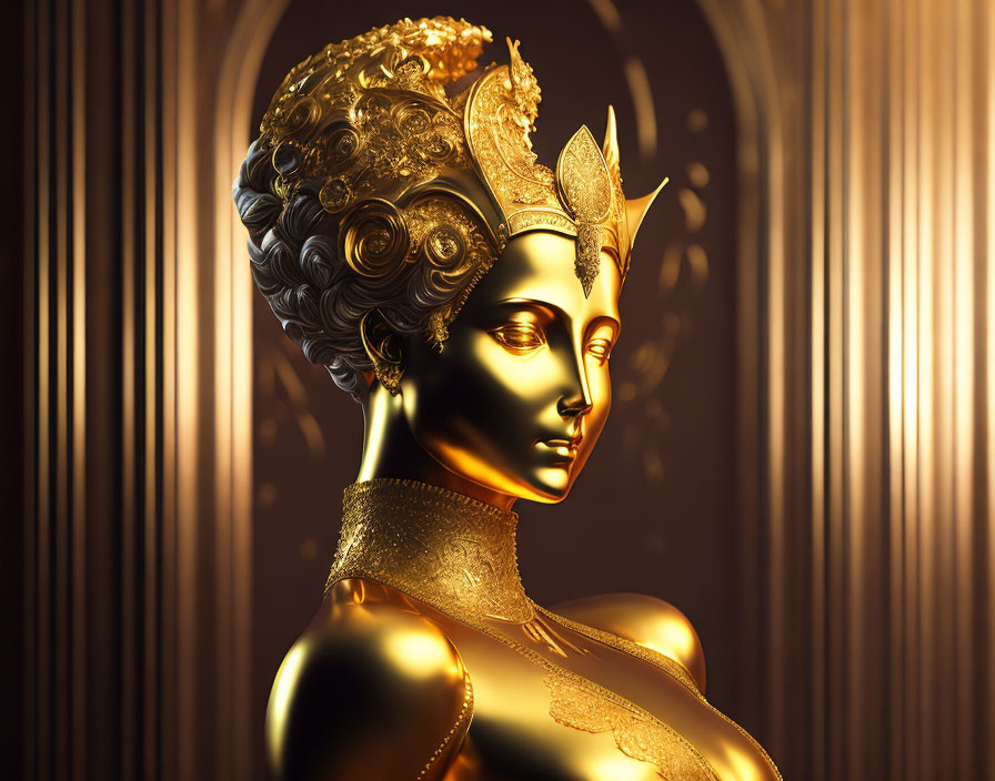 Intricate golden bust of woman with headpiece on ribbed background