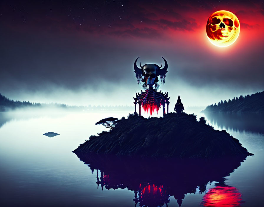 Skull with horns over misty island with Asian-inspired structures under blood-red moon