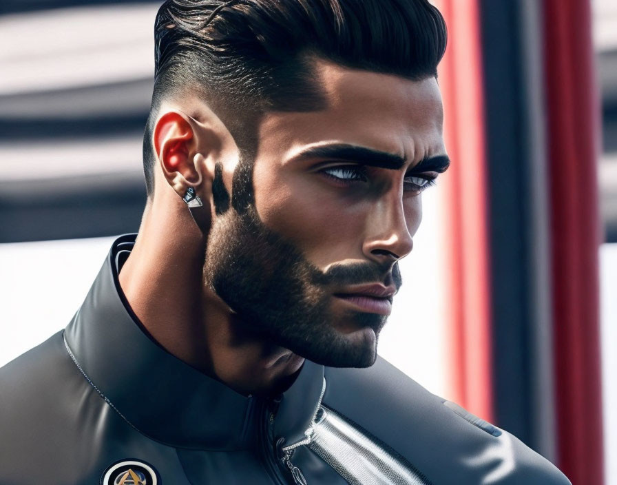 Stylized image of man with groomed beard and earpiece