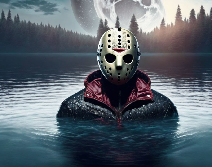 Person in hockey mask emerges from water with forest and moon.