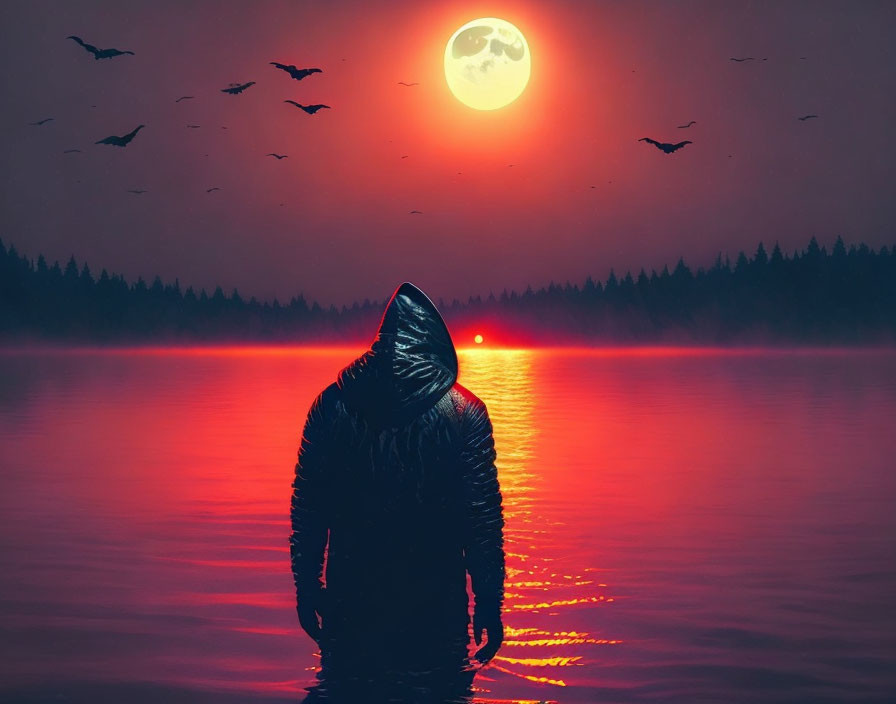 Hooded figure in red lake at sunset with moon and birds