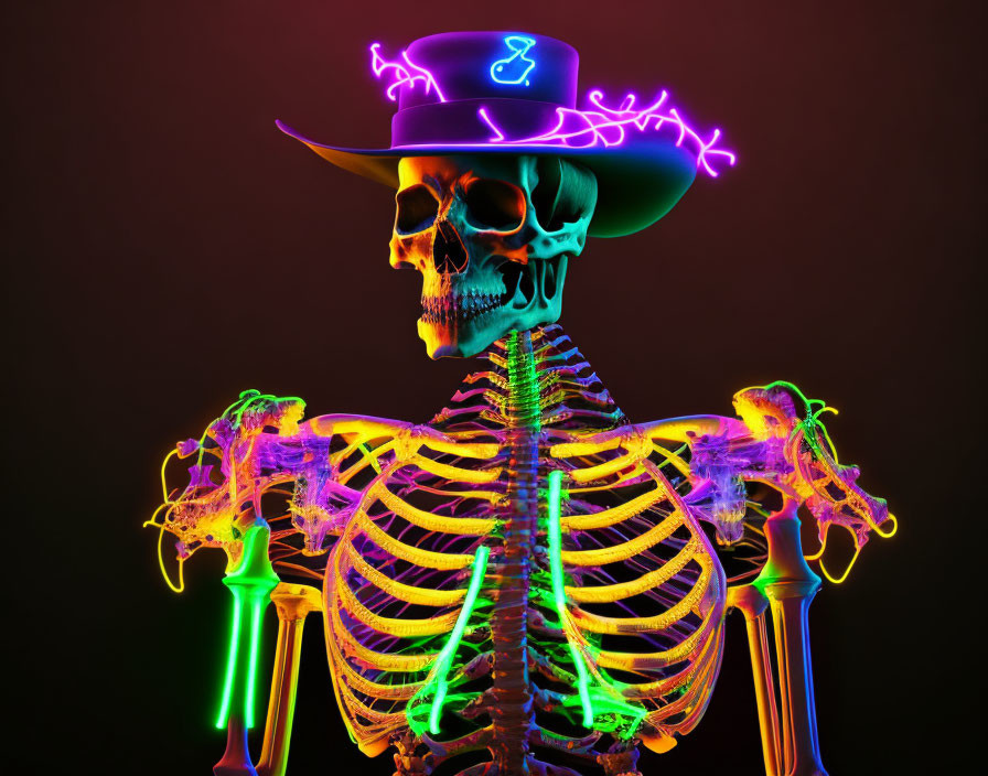 Neon-lit skeleton with purple hat on dark background