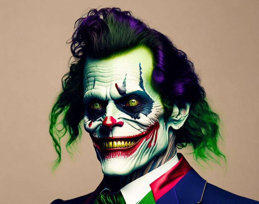 Colorful Clown with Green Hair and Sinister Makeup on Tan Background