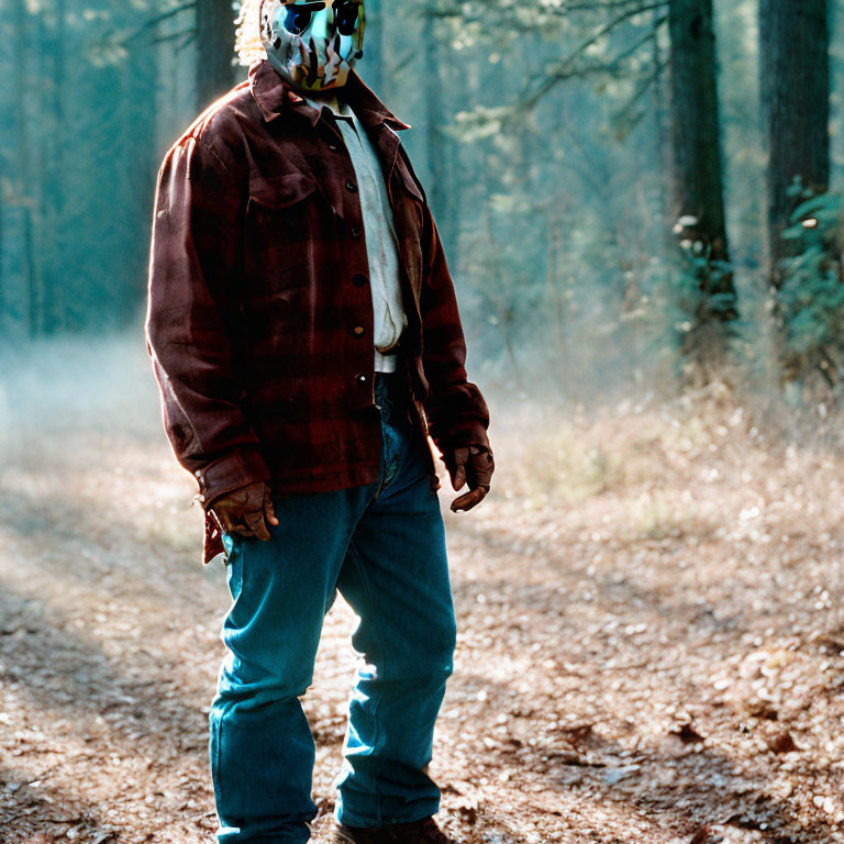 Person in checkered jacket and mask standing in misty forest