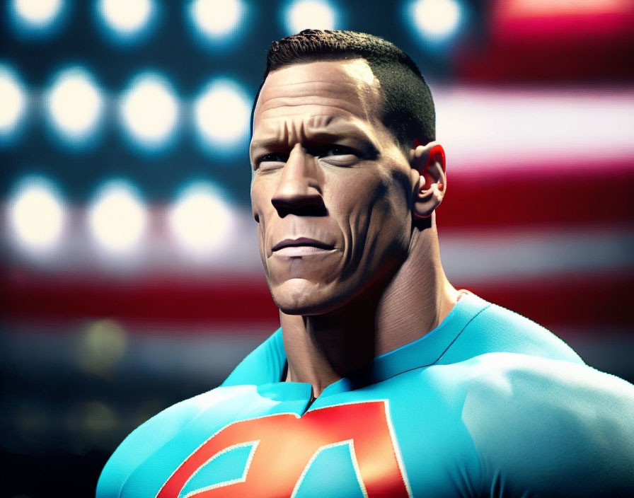 Muscular male superhero in costume against abstract American flag background
