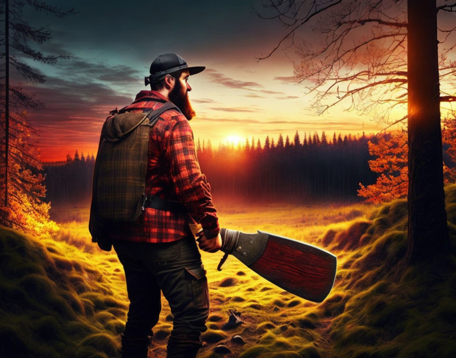 Bearded man in cap and plaid shirt with snowboard at sunset