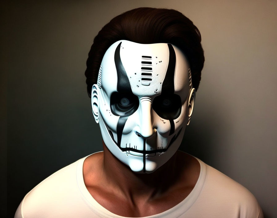 Half-Human, Half-Robot Face Mask Illustrating Human-Artificial Contrast