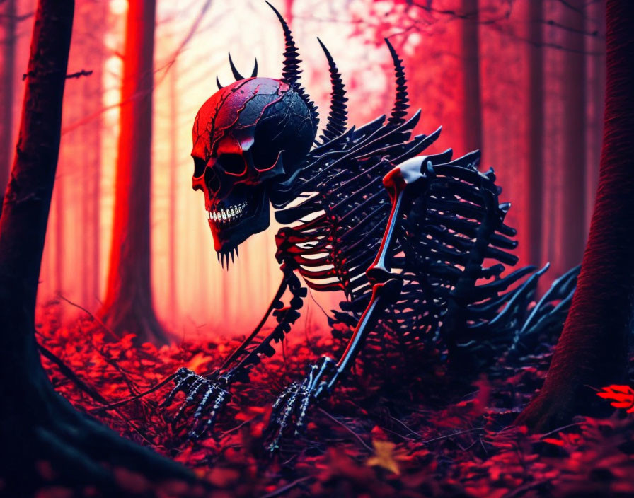 Skull-headed skeletal figure in misty red forest