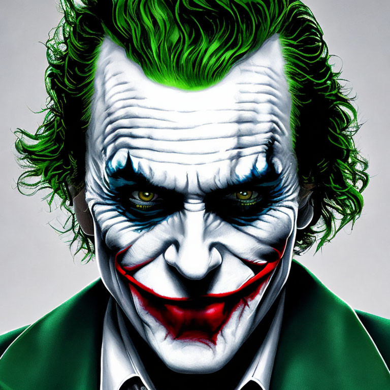 Sinister clown character with green hair and makeup on dark background