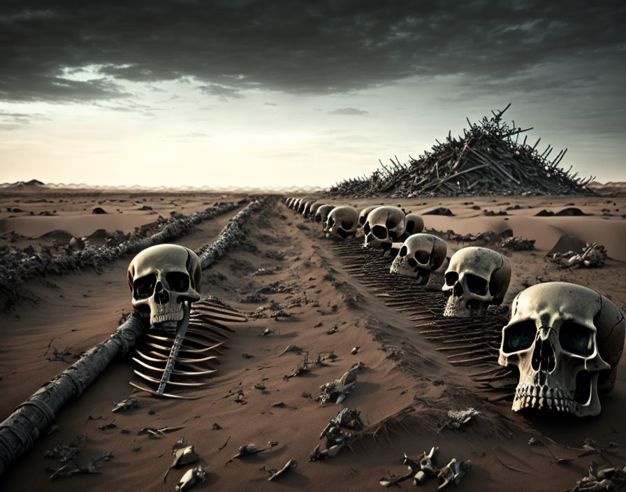 Barren desert landscape with large skulls and bones under cloudy sky