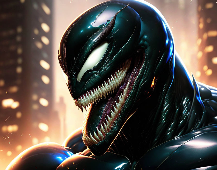 Detailed Illustration: Venom Character with Sinister Smile in Urban Backdrop