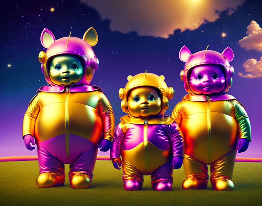 Colorful Space Suit Characters with Animal Ear Helmets in Twilight Sky