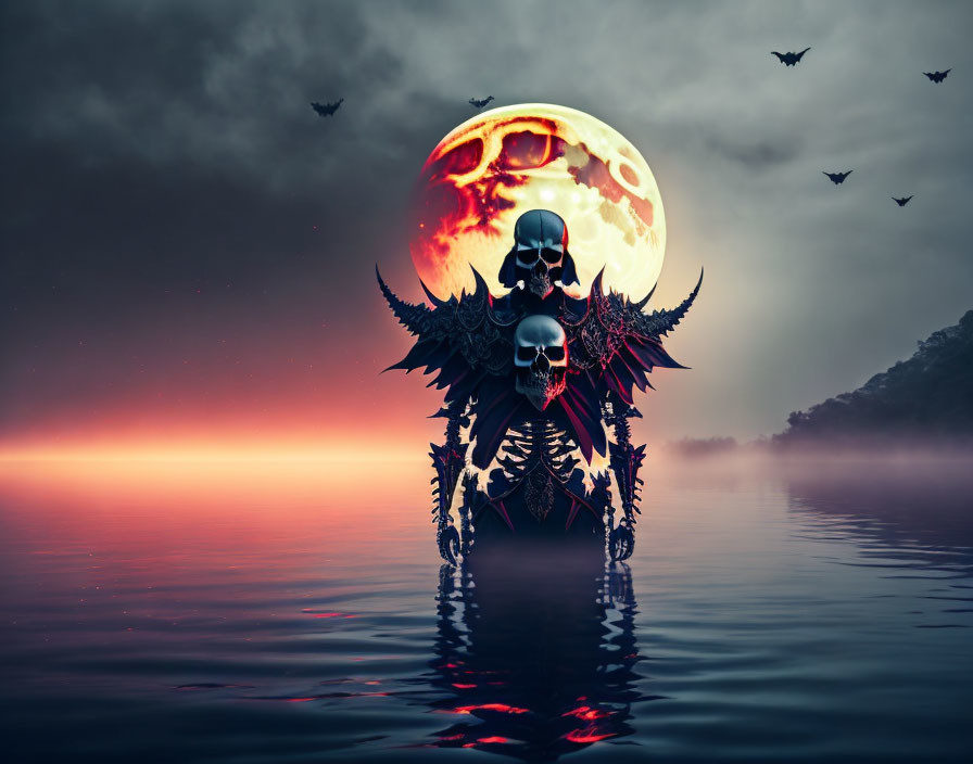 Skeletal figure in armor under red moon with bats in dark landscape